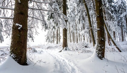 Snowy forest scene with a trail path through the snow