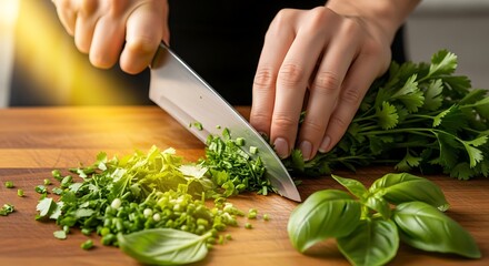 Close-up of hands chopping fresh herbs on a wooden cutting board, preparing ingredients for cooking.