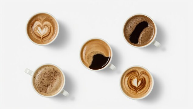 An overhead view showcases an assortment of coffee cups featuring diverse latte art and brewed coffee variations, elegantly presented against a pristine white background. - Powered by Adobe