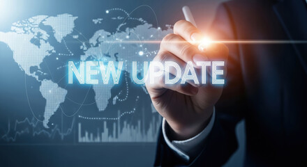 Global Business Update: Businessman Presenting Latest News on World Map, Financial Data, and Technology Trends for Modern Company Strategy