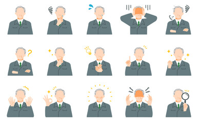 作業服を着たシニア世代の管理職の様々な表情イラストセット。フラットデザイン。