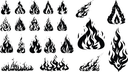 Flame Silhouette Vector Set, Fire Icon Collection, Burning Flame Shape Bundle set