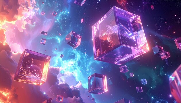 Floating, transparent cubes are illuminated in a vivid, cosmic scene against a backdrop of swirling clouds and nebulae in hues of pink, orange, blue, and purple, creating an ethereal and futuristic...