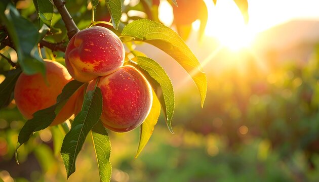Peaches ripening on a tree branch in warm sunlight - Powered by Adobe