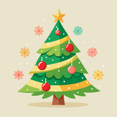 Obraz premium Vector art of christmas tree decorated with ornaments and star on a beige background vector