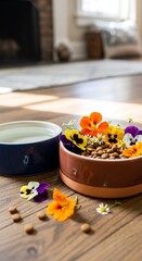 Dog Food Bowl with Edible Flowers on Wooden Floor.