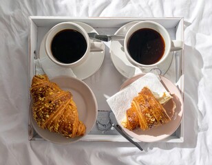 Breakfast in bed with two black coffees and croissants on a white tray