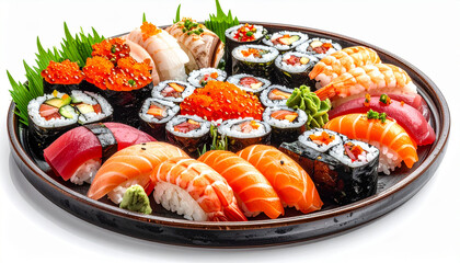 Gourmet sushi platter arranged on white background