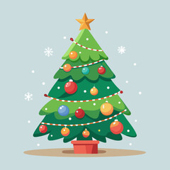 Obraz premium Vector art of christmas tree decorated with star, balls, lights and snowflakes illustration