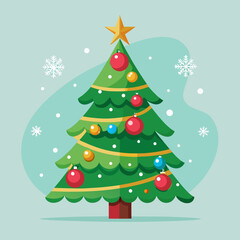 Naklejka premium Vector art of beautiful christmas tree decorated with ornaments and star on a blue background
