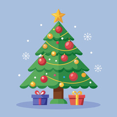 Vector art of decorated christmas tree with gifts and snowflakes on blue background