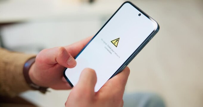 Hands, network connection or phone screen in office with poor signal, loading error or online issue. Scroll, person or man in workplace with technology glitch, mobile app problem or site testing fail