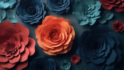Atop a dark backdrop, vibrant paper flowers in various shades