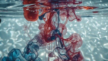 Vivid red and blue pigments disperse within clear water, creating stunning organic shapes and swirling patterns.