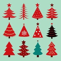 Obraz premium Vector art of collection of red christmas trees on a light green background, holiday season