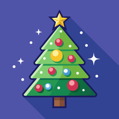 Fototapeta premium Vector art of christmas tree with star and ornaments on blue background in flat design