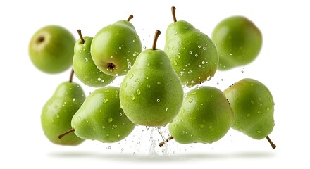 Fresh Green Pears with Water Droplets in a White Background.