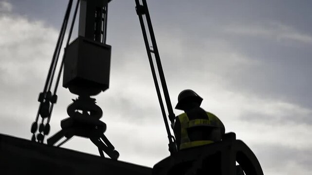 Silhouette of a construction worker in a hard hat guiding a massive steel girder being carefully lowered into place by a heavy-duty industrial crane.