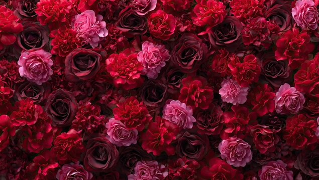 A vibrant wall of red and pink flowers