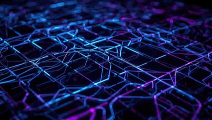 Neon blue and purple glowing lines create an abstract network pattern, showcasing futuristic design and technology concepts against a dark, blurred background with bright illumination.