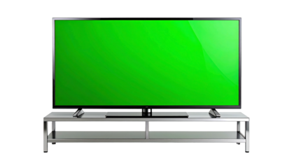 Modern television set with a vibrant green screen on a stand.