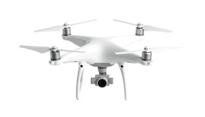 Modern white quadcopter drone with camera isolated on a white background.