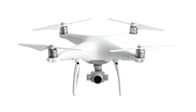 Modern white quadcopter drone with camera isolated on a white background.