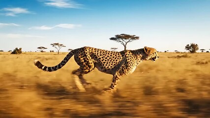 Majestic cheetah running with speed and grace across a sun-drenched savanna landscape. - Powered by Adobe