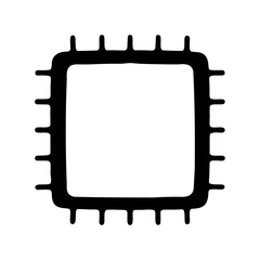 Stylized computer chip illustration with simple design in bold monochrome colors