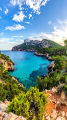 Scenic coastal inlet framed by lush greenery and dramatic cliffs