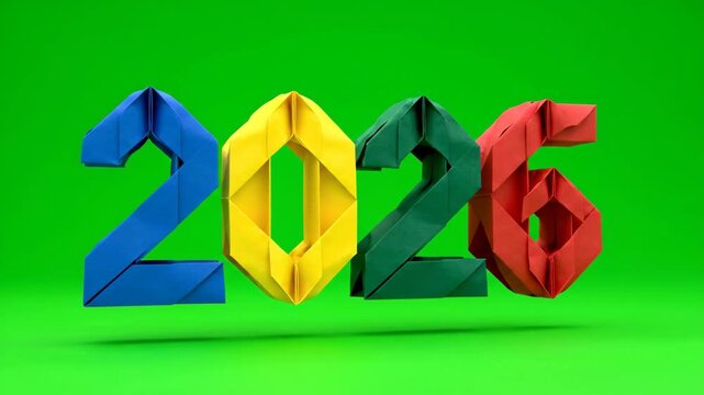 Origami 2026 Year Design - Four colorful origami numbers spelling out the year 2026 are set against a vibrant green background. Each number is created with folded paper and has a geometric design.