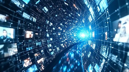 A digital tunnel with screens displaying various content, leading to a bright light at the end. - Powered by Adobe