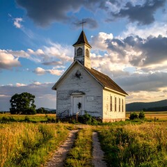 Fototapeta premium Picturesque rural church with cross, set against a sunset sky