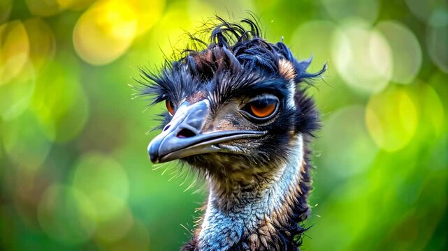 Close up of an Emus head with a blurred green background.