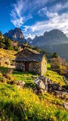 Picturesque stone cottage nestled amidst mountains with vivid blue sky