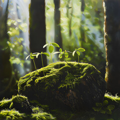 Young Saplings Emerging on Mossy Rock in Sunlit Forest environment 