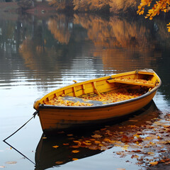 A Yellow Wooden Rowboat with Autumn Leaves on a Lake, boat on the lake, canoe on the lake
