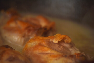 Roasted chicken cooking in oven. Delicious golden roasted chicken cooking in oven, concept of homemade food and comfort meals.