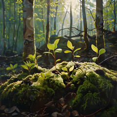 Young Saplings Emerging on Mossy Rock in Sunlit Forest environment 
