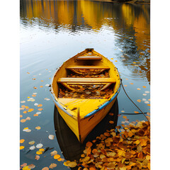 A Yellow Wooden Rowboat with Autumn Leaves on a Lake, boat on the lake, canoe on the lake