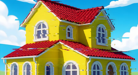 Vibrant cartoon house with a red roof under a bright blue sky with clouds