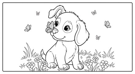 Adorable Puppy with Butterfly Coloring Page for Kids.