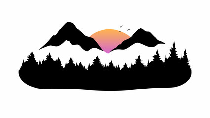 Serene mountain silhouette with vibrant sunset over pine forest horizon