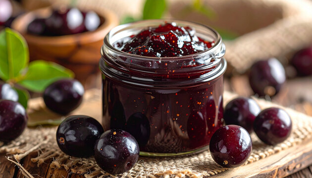 Fresh jaboticaba jam in glass jar on rustic linen backdrop, macro detail