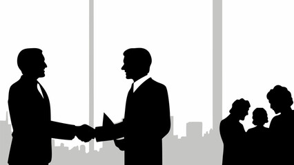 Confident businessmen shaking hands in modern office, sealing deal, building partnership, team collaborating nearby