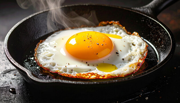 Fried egg in cast iron pan with sizzling oil and golden edges