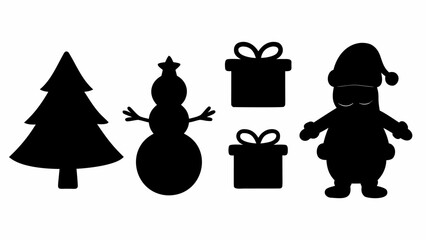 Charming Christmas silhouettes featuring a festive tree, snowman, gifts, and Santa Claus for joyful holiday designs