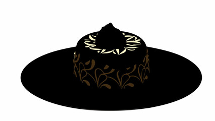 Elegant black cake with ornate gold swirl pattern and cream frosting, perfect for celebrations