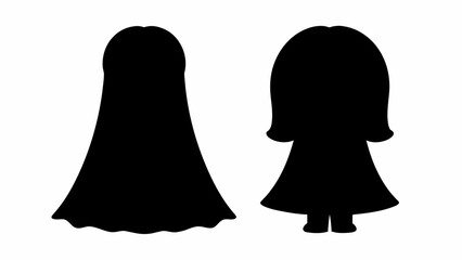 Two stylized female silhouettes, one with flowing gown, the other in a dress, representing elegance and simplicity