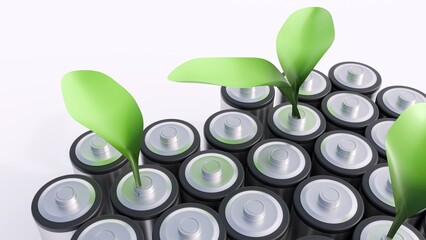 A 3D image of green plant sprouting from the top of a battery cell surrounded by other batteries. It symbolizes sustainable energy and eco-friendly power sources.